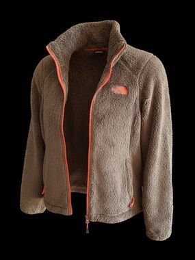 Olive colour. North Face Gray Teddy Fleece Jacket with Coral Zipper Accents.